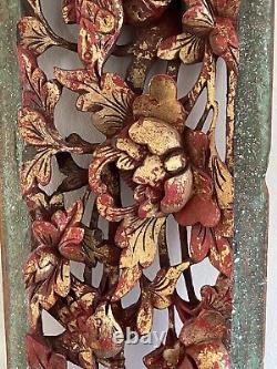 Vintage Chinese Exquisite Carved Wood Gilded Flowers and Birds Panel