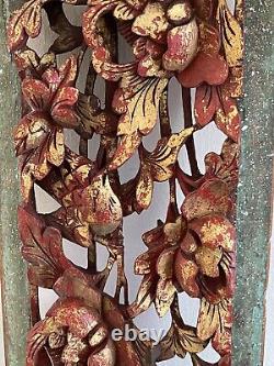 Vintage Chinese Exquisite Carved Wood Gilded Flowers and Birds Panel