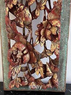Vintage Chinese Exquisite Carved Wood Gilded Flowers and Birds Panel