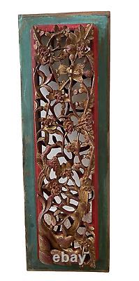 Vintage Chinese Exquisite Carved Wood High Relief Gilded Flowers and Birds Panel