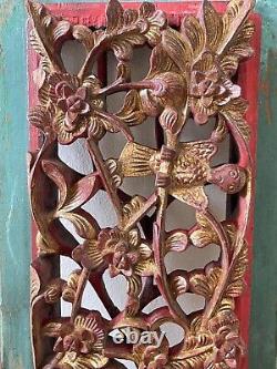 Vintage Chinese Exquisite Carved Wood High Relief Gilded Flowers and Birds Panel