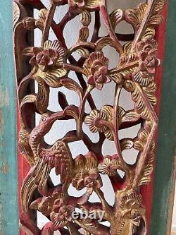 Vintage Chinese Exquisite Carved Wood High Relief Gilded Flowers and Birds Panel