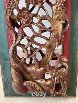 Vintage Chinese Exquisite Carved Wood High Relief Gilded Flowers and Birds Panel