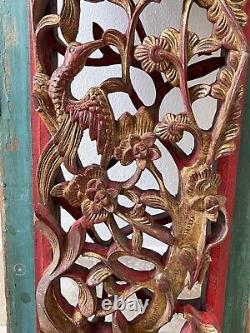 Vintage Chinese Exquisite Carved Wood High Relief Gilded Flowers and Birds Panel