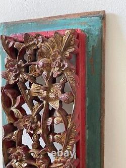 Vintage Chinese Exquisite Carved Wood High Relief Gilded Flowers and Birds Panel