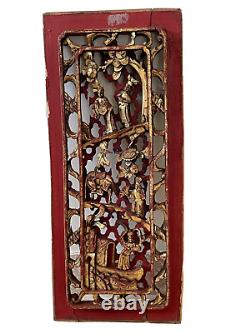 Vintage Chinese Fabulous 24.5 Carved Wood High Relief Gilded Figurines Panel