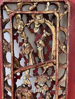 Vintage Chinese Fabulous 24.5 Carved Wood High Relief Gilded Figurines Panel