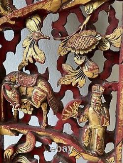 Vintage Chinese Fabulous 24.5 Carved Wood High Relief Gilded Figurines Panel