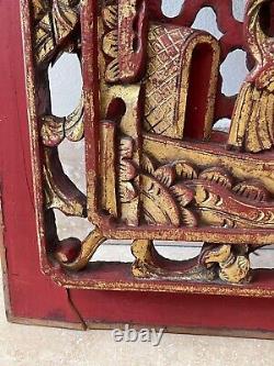 Vintage Chinese Fabulous 24.5 Carved Wood High Relief Gilded Figurines Panel