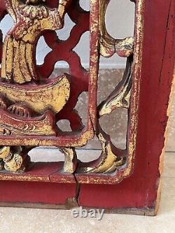 Vintage Chinese Fabulous 24.5 Carved Wood High Relief Gilded Figurines Panel