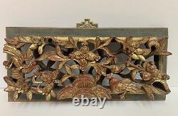 Vintage Chinese Gold Gilt Pierced Wood Birds Flowers Carved Panel