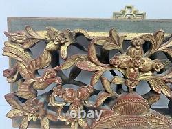 Vintage Chinese Gold Gilt Pierced Wood Birds Flowers Carved Panel