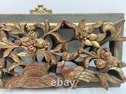 Vintage Chinese Gold Gilt Pierced Wood Birds Flowers Carved Panel