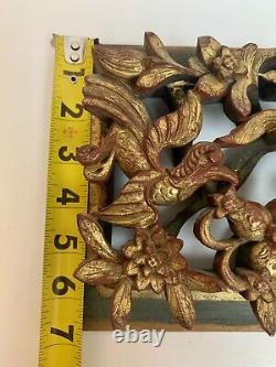 Vintage Chinese Gold Gilt Pierced Wood Birds Flowers Carved Panel