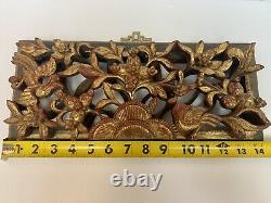 Vintage Chinese Gold Gilt Pierced Wood Birds Flowers Carved Panel