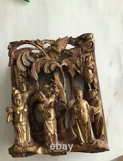 Vintage Chinese Hand-Carved Gilt Wood 6-1/2 x 6-1/2 Panel