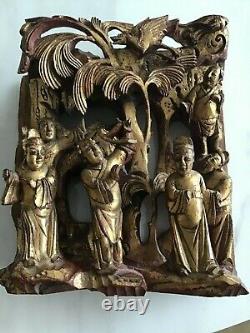 Vintage Chinese Hand-Carved Gilt Wood 6-1/2 x 6-1/2 Panel