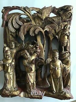 Vintage Chinese Hand-Carved Gilt Wood 6-1/2 x 6-1/2 Panel