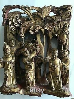 Vintage Chinese Hand-Carved Gilt Wood 6-1/2 x 6-1/2 Panel