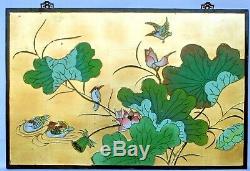 Vintage Chinese Hand Painted Carved Wood Lotus Ducks Birds Wall Panel 36 x 24
