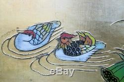 Vintage Chinese Hand Painted Carved Wood Lotus Ducks Birds Wall Panel 36 x 24