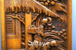 Vintage Chinese Japanese Wood Carving High Relief 3D Art Panel GA