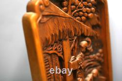 Vintage Chinese Japanese Wood Carving High Relief 3D Art Panel GA