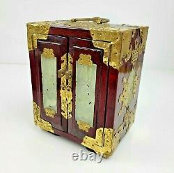 Vintage Chinese Jewelry Box Wood & Brass Carved Jade Inset Panels 3 Drawers