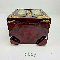 Vintage Chinese Jewelry Box Wood & Brass Carved Jade Inset Panels 3 Drawers