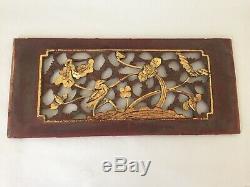 Vintage Chinese Red & Gold Hand Carved Crane Heron Bird Wood Panel Plaque (BC)