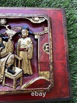 Vintage Chinese Red Gold Wood Carving Panel