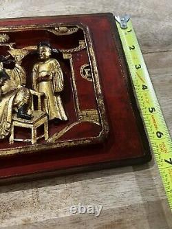 Vintage Chinese Red Gold Wood Carving Panel