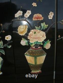 Vintage Chinoiserie 4 Panel Laquered Wood Carved Wall Art