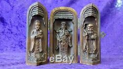 Vintage Concealed 3 Panel Buddhist Wood Hand-carved Statue Spiritual Deities