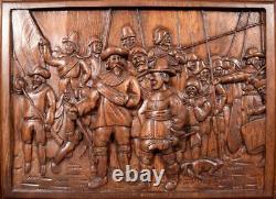 Vintage Deep Carved Oak Wood Panel after The Night watch by Rembrandt