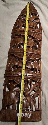 Vintage Elephant Hand Carved Wood Panel Plaque Wall Decor Beautiful Antique