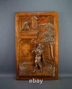 Vintage French Antique Carved Wood Panel Romantic Scene 19th