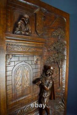 Vintage French Antique Carved Wood Panel Romantic Scene 19th