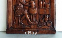 Vintage French Breton Wall Panel Plaque Hand Carved Solid Oak Wood Signed