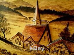 Vintage German wood carved panel of Alpine village Bamberg 1955 15.75 by 11.25