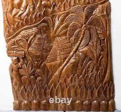 Vintage Haitian Folk Art Carved Wood Panel, Harvest, Initialed F. P