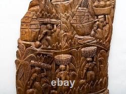 Vintage Haitian Folk Art Carved Wood Panel, Harvest, Initialed F. P