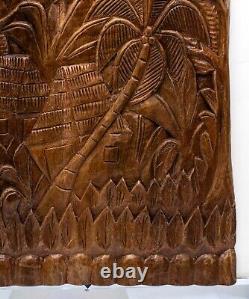 Vintage Haitian Folk Art Carved Wood Panel, Harvest, Initialed F. P