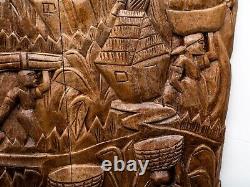 Vintage Haitian Folk Art Carved Wood Panel, Harvest, Initialed F. P