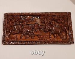 Vintage Hand Carved 3D Wood Panel Wall Art Decor Elephants Village Sculpture