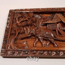 Vintage Hand Carved 3D Wood Panel Wall Art Decor Elephants Village Sculpture