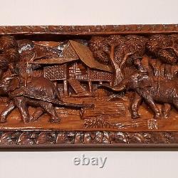 Vintage Hand Carved 3D Wood Panel Wall Art Decor Elephants Village Sculpture