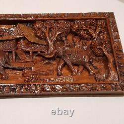 Vintage Hand Carved 3D Wood Panel Wall Art Decor Elephants Village Sculpture