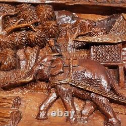 Vintage Hand Carved 3D Wood Panel Wall Art Decor Elephants Village Sculpture