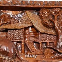 Vintage Hand Carved 3D Wood Panel Wall Art Decor Elephants Village Sculpture